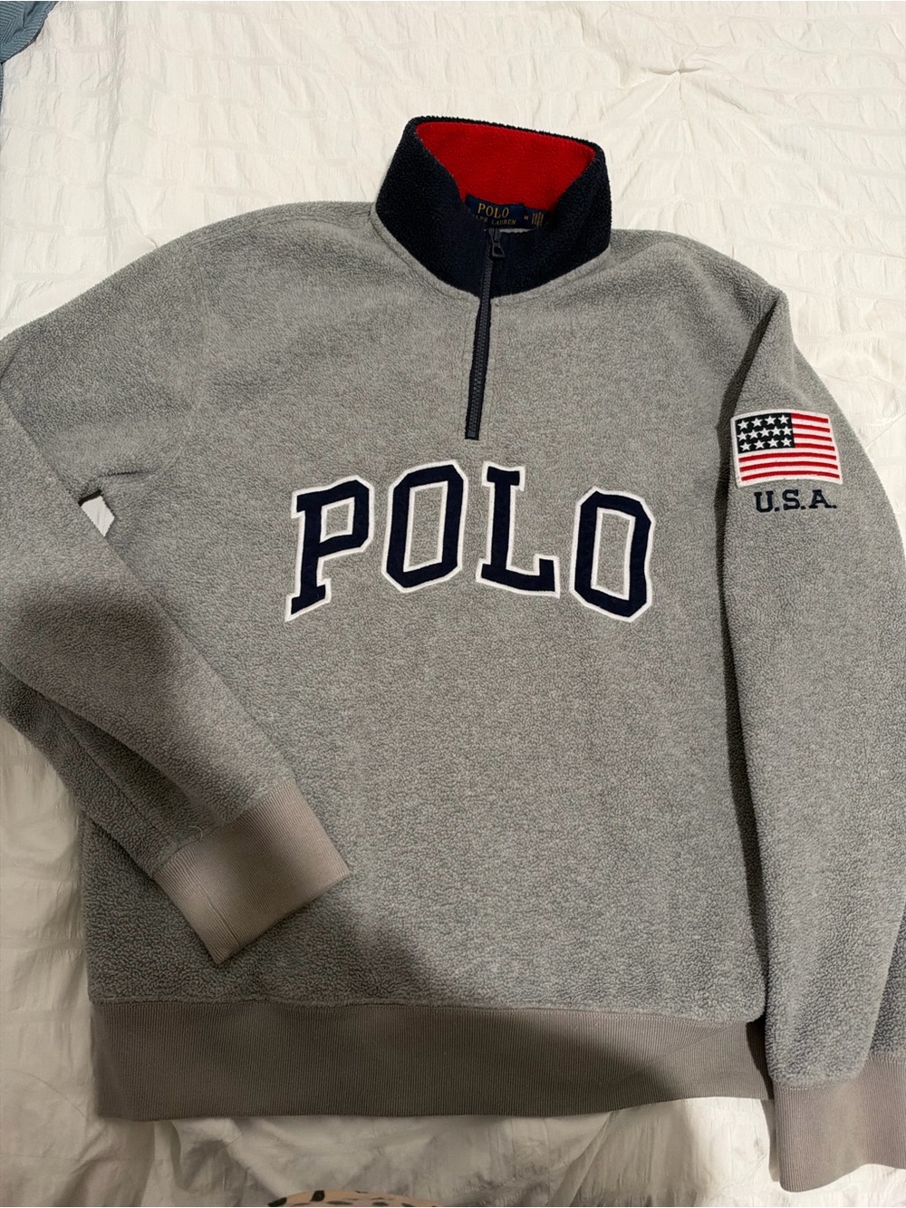 Ralph Lauren Gray fleece Quarter-Zip Polo Sweater with Navy Logo & USA Patch